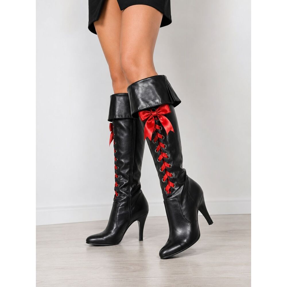 Ellie Gothic Lace-Up Knee Boots Red Ribbon Heels Steampunk Burlesque Women 6